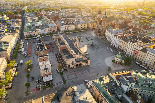 Aerial view of the main Market square in Krakow at sunrise, Poland