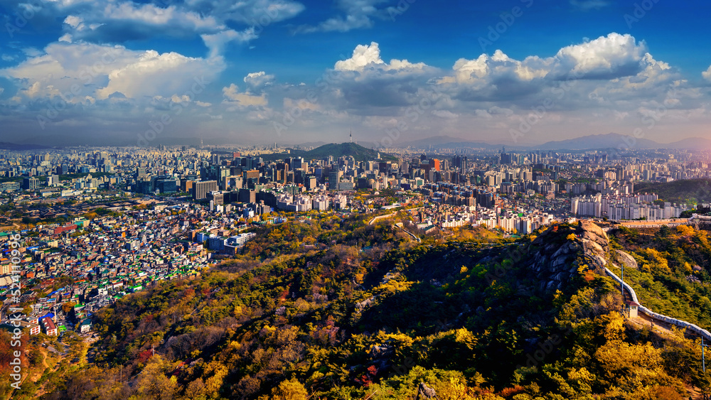 Panorama of Seoul city in autumn, South Korea.