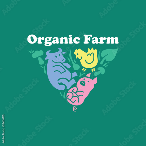 ORGANIC FARM LOGO WITH PIG COW AND CHICKEN