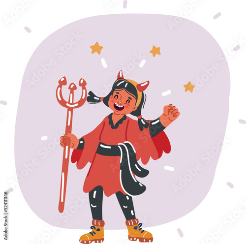 Vector illustration of happy cute little kid girl celebrate halloween wears red devil monster costume
