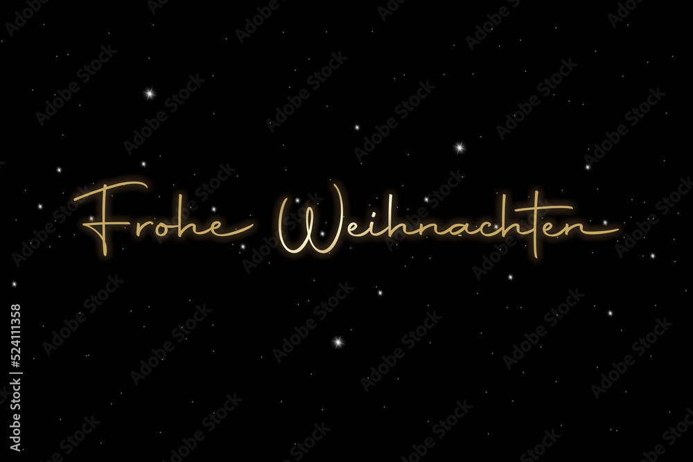 Grußkarte oder Banner Frohe Weihnachten in goldener Schrift vor einem dunklen Sternenhimmel