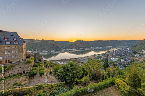 Drone panorama over St. Goar and St. Goarshausen during sunrise photo