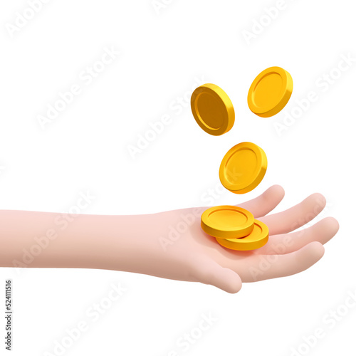 3d render realistic hand with flying gold coins. Vector illustration