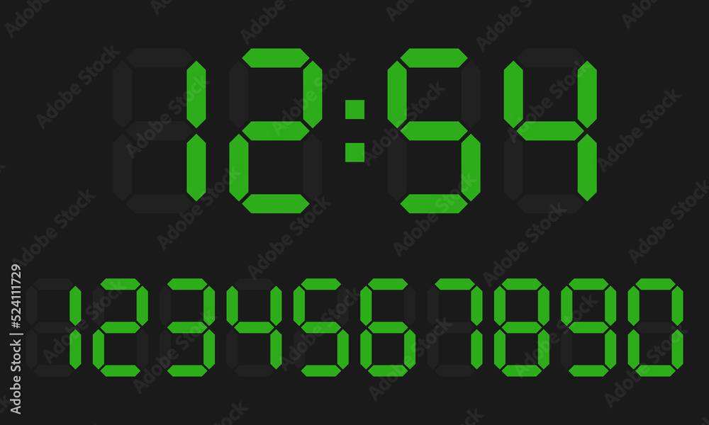 Digital clock and number set, electronic figures, light green digital LED numbers, dark gray background, isolated icon, flat style vector illustration. Digital clock and number set, electronic figures, light green digital LED numbers, dark gray background, isolated icon, flat style vector illustration.