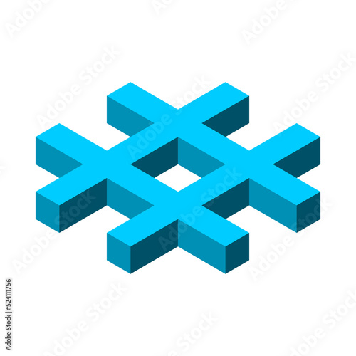 Blue 3D hashtag symbol. Isometric hash sign. Social media hash mark communication. Crisscross online marketing tool. Octothorp icon for SEO promotion. Marking keywords. Vector illustration, clip art 