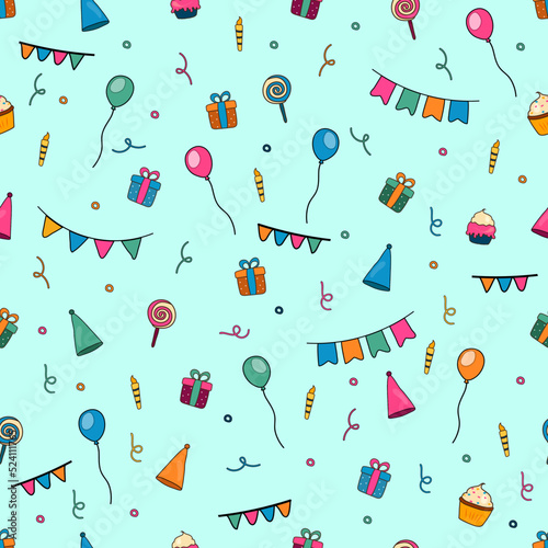 Vector birthday seamless pattern, repeating background of vibrant balloons, vivid birthday cone hats, cupcake with burning candles, cut out illustrations of birthday symbols for white wrapping paper.
