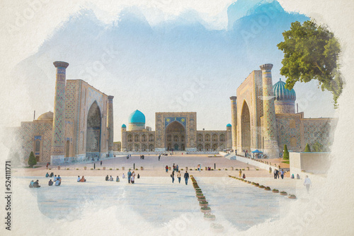 The Registan square in Samarkand, Uzbekistan, digital watercolor illustration. Digital painting of Samarkand, Uzbekistan