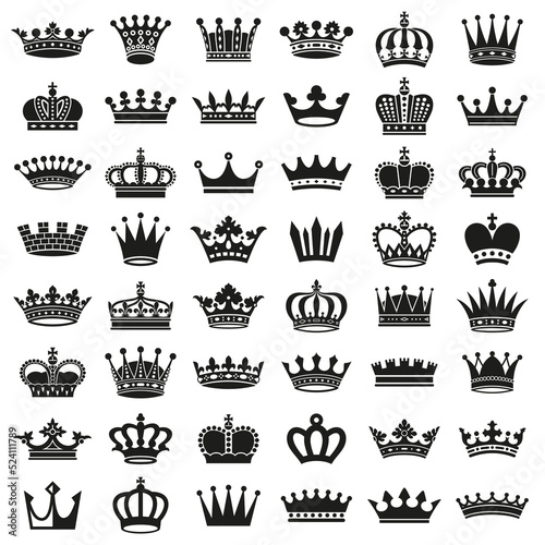Medieval royal crown queen monarch king lord silhouette icons set vector isolated illustration.