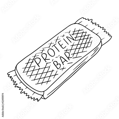 Energy sport snack in hand drawn doodle style. Organic candy sweets. Protein bar in linear style. Simple illustration in flat line style.