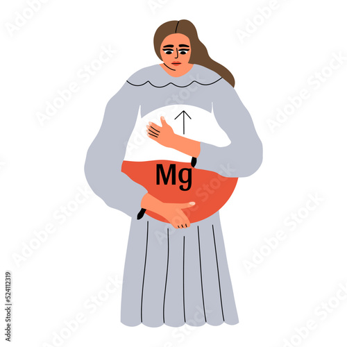 First aid concept for magnesium deficiency. A low level of a microelement in a woman's body. The girl is hugging a pill with Mg. Vector illustration in flat style