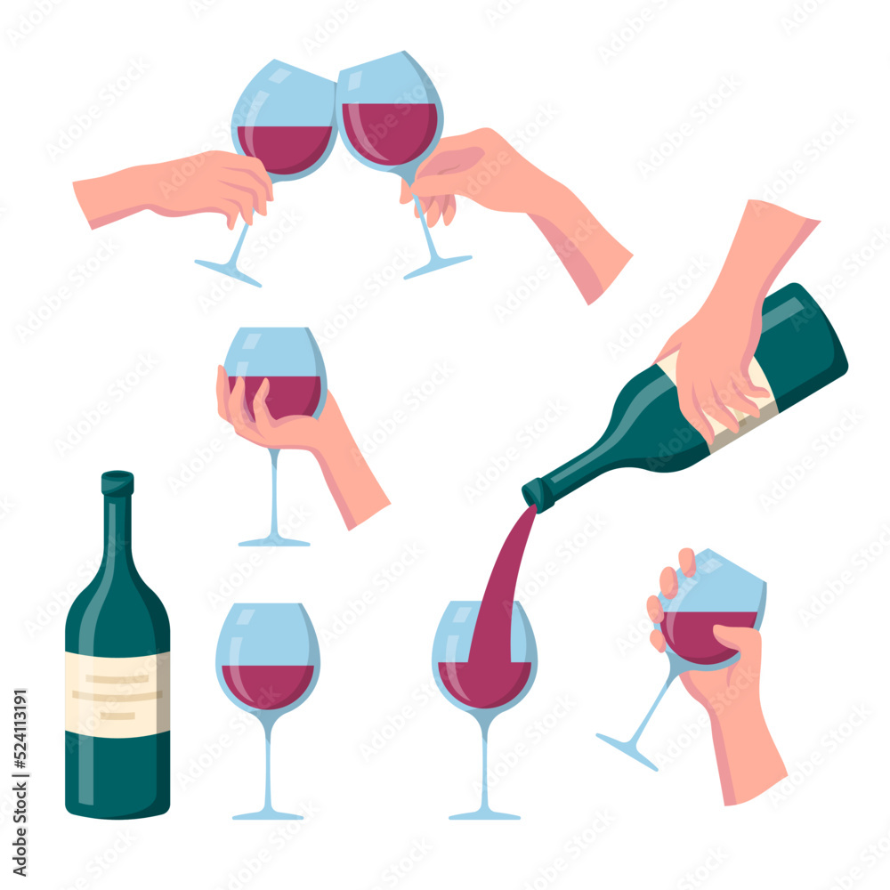 Cartoon Color Human Hands and Drinking Red Wine Set Flat Design Style  Concept Party. Vector illustration of Alcohol Beverage Wineglass Stock  Vector | Adobe Stock