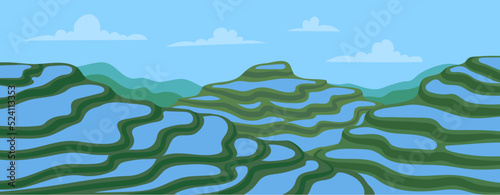Cartoon Terraced Asian Rice Fields Landscape Farm and Agriculture Concept Flat Design Style. Vector illustration of Plantation