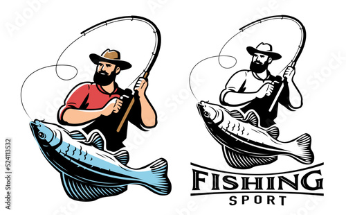 Fisherman with fish emblem. Sport fishing, angling logo. Vector illustration isolated on white background