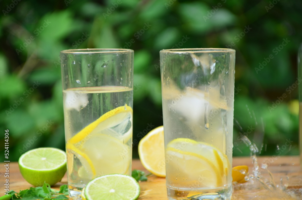 Fresh summer drink. Cold lemonade with mint lemon and lime on a nature outdoor background. Mojito summer refreshing cocktail with ice and mint Fresh summer drink. Cold lemonade with mint lemon and lime on a nature outdoor background. Mojito summer refreshing cocktail with ice and mint