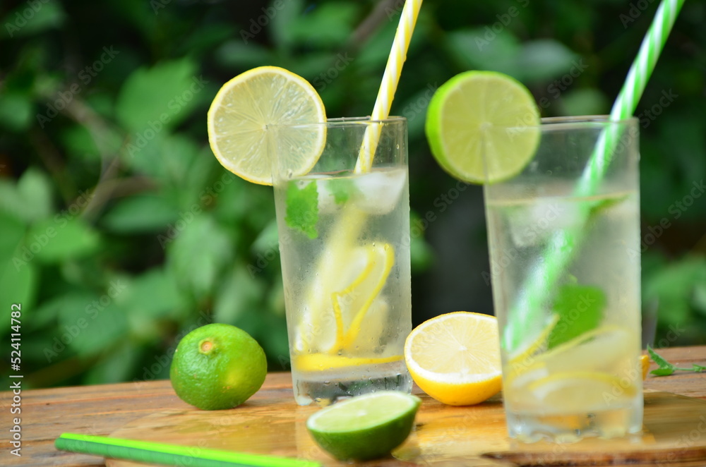 Fresh summer drink. Cold lemonade with mint lemon and lime on a nature outdoor background. Mojito summer refreshing cocktail with ice and mint