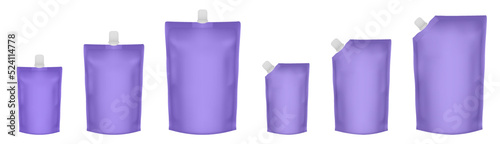 Set of purple doypack packaging with screw cap. Blank foil drink bags pouches with spout. Stand up doy pack mock up set. Cosmetic refill	