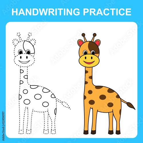 Handwriting practice. Draw lines and color the giraffe. Educational kids game, coloring sheet, printable worksheet. Vector illustration