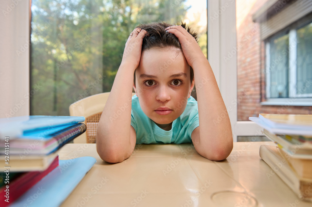 Portrait of Caucasian stunning smart boy, elementary school student holding his head and looking at camera. School supplies and textbooks are on the tabel. Online education and homeschooling concept Portrait of Caucasian stunning smart boy, elementary school student holding his head and looking at camera. School supplies and textbooks are on the tabel. Online education and homeschooling concept