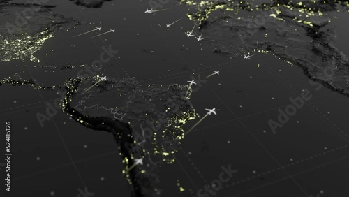 Map of International Air Travel between continents and countries. Map of flights of international flights between the countries of the USA, South America and Europe, Africa.