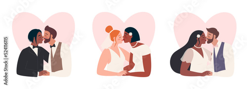 Vector illustration of kissing just married. Wedding of homosexual and heterosexual interracial couples. Marriage of different sexual orientated couples