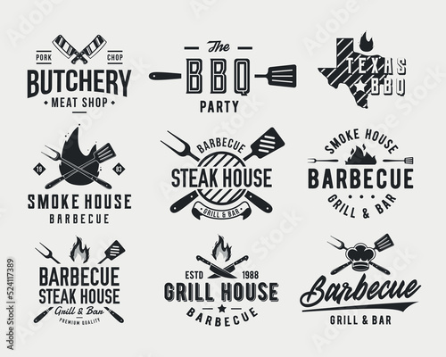 Barbecue logo set. Set of 9 bbq logo templates for BBQ, Butchery, Restaurant, Cooking class, Grill emblems. Trendy vintage hipster design. Vector illustration