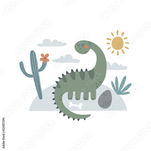 cute vector concept with dino and leaves