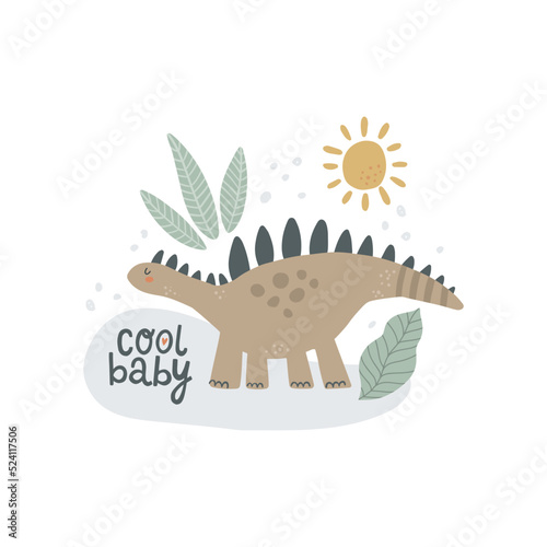 cute vector concept with dino and leaves