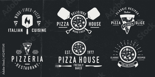 6 Pizza logo, emblems, posters for pizzeria and bakery. Pizza logos with pizza, chef, oven, fire icons. Pizza, Bakery and Restaurant emblems templates. Grunge texture. Vector illustration
