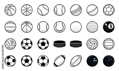 Set of 28 Sport vintage balls icons. Cricket, Baseball, American Football, Soccer, Volleyball, Golf, Basketball, Hockey. Sport icons isolated on white background. Vector illustration.	