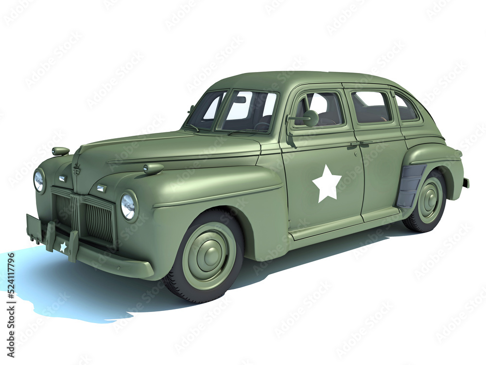1940 vintage army car 3D rendering on white background