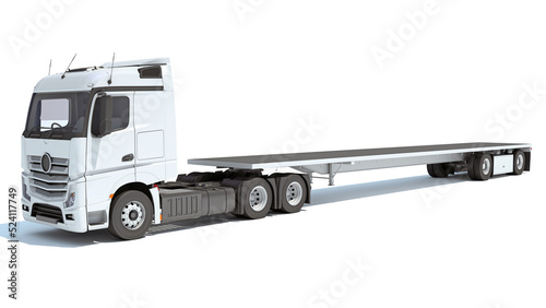 Schilderij op canvas Truck with flatbed trailer 3D rendering on white background