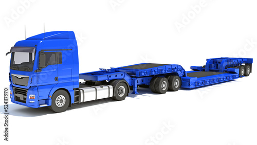 Truck with Lowboy Trailer 3D rendering on white background