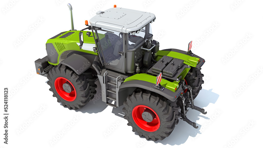Obraz premium Wheeled Tractor farm equipment 3D rendering on white background