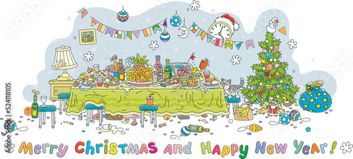 After a joyous New Year celebration with a decorated Christmas tree, funny, noisy and slightly drunk guests at a festive table with various drinks and tasty food, vector cartoon greeting card