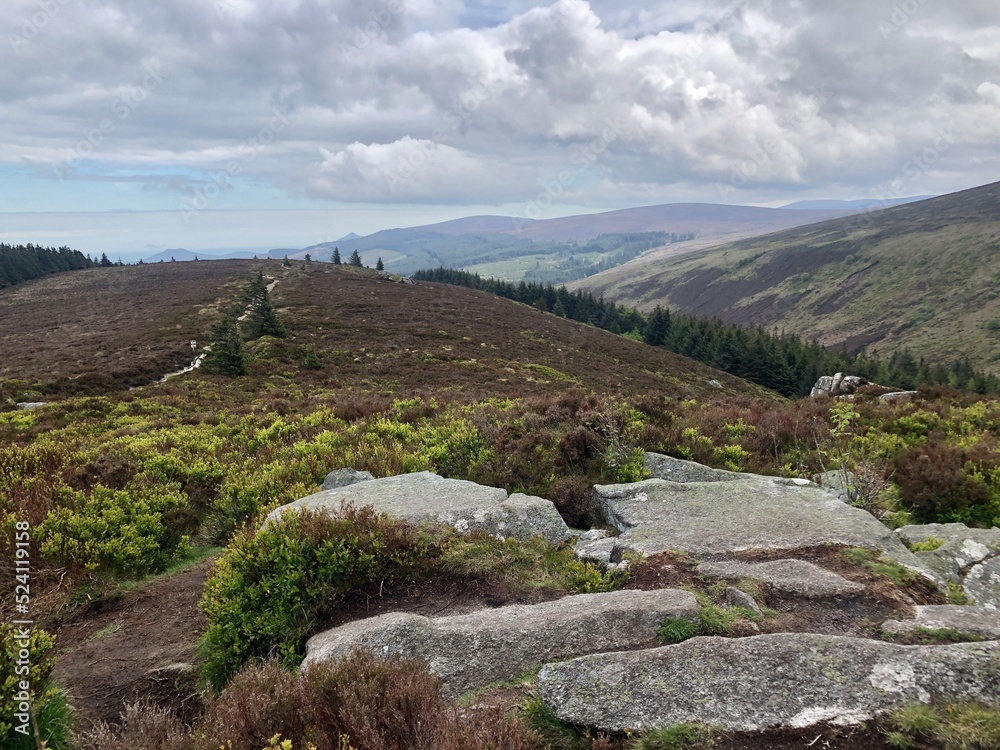 Ticknock Hiking route in picturesque Dublin mountains, Ireland. One of the most popular irish hiking trails and touristic destinations