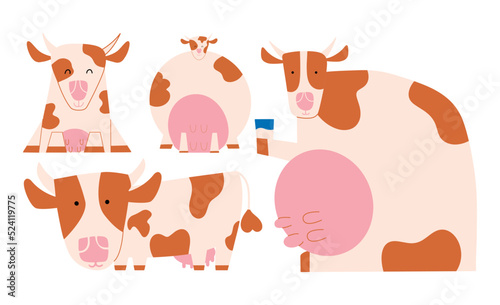 A set of funny cows in different poses in a cartoon style. Vector illustration