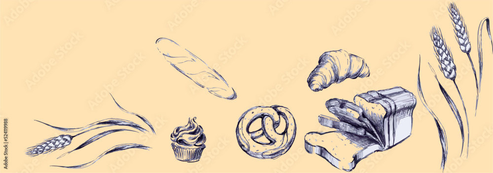 Set of elements of bakery products, hand drawn collection of vector illustrations Set of elements of bakery products, hand drawn collection of vector illustrations