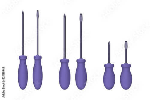 Set of purple 3d screwdrivers isolated on white background. Vector illustration