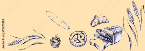 Set of elements of bakery products, hand drawn collection of vector illustrations