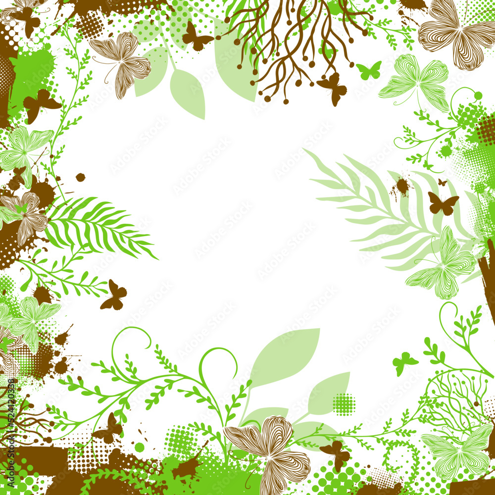 Green and brown frame with butterflies Vector illustration