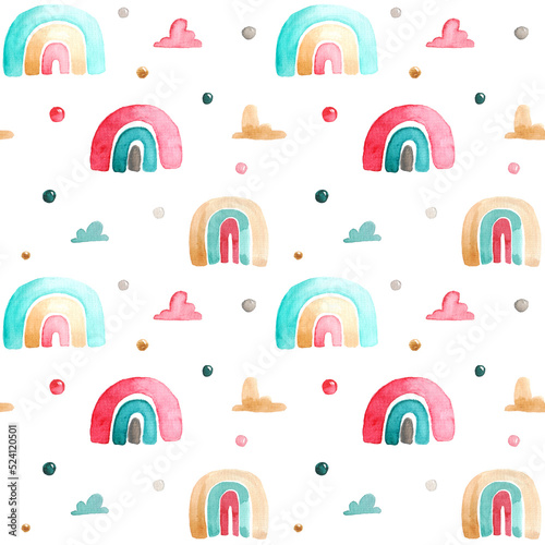 Watercolor seamless pattern on a children's theme. Pattern with rainbows and clouds. Shades of pink, yellow, blue. Possible use of the print on fabrics, children's clothing, wallpaper, stationery.