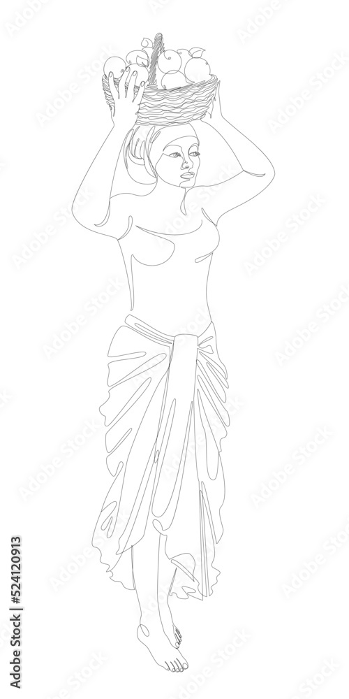Silhouette of a beautiful girl. The lady is holding a basket of apples in her hands. Woman in modern one line style. Solid line, decor outline, posters, stickers, logo. Vector illustration.