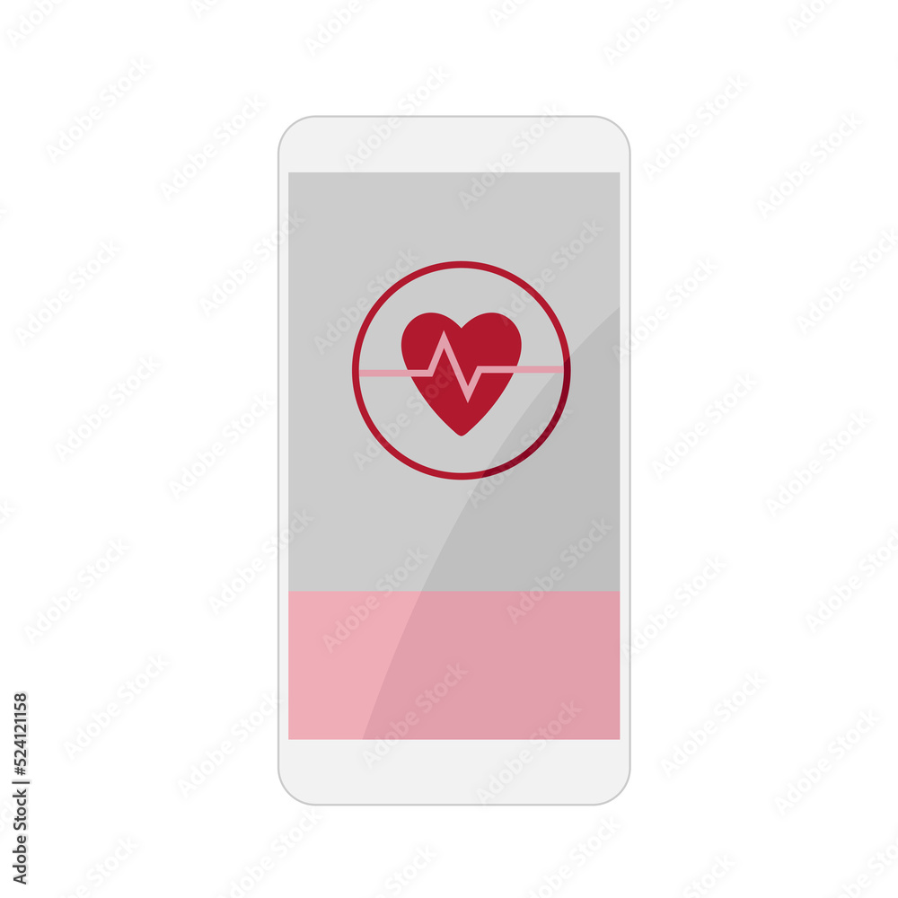 Health app Smartphone. Abstract smartphone interface with heart. Screen fitness app. Vector flat illustration isolated on white background. Fitness interface design for mobile application Health app Smartphone. Abstract smartphone interface with heart. Screen fitness app. Vector flat illustration isolated on white background. Fitness interface design for mobile application