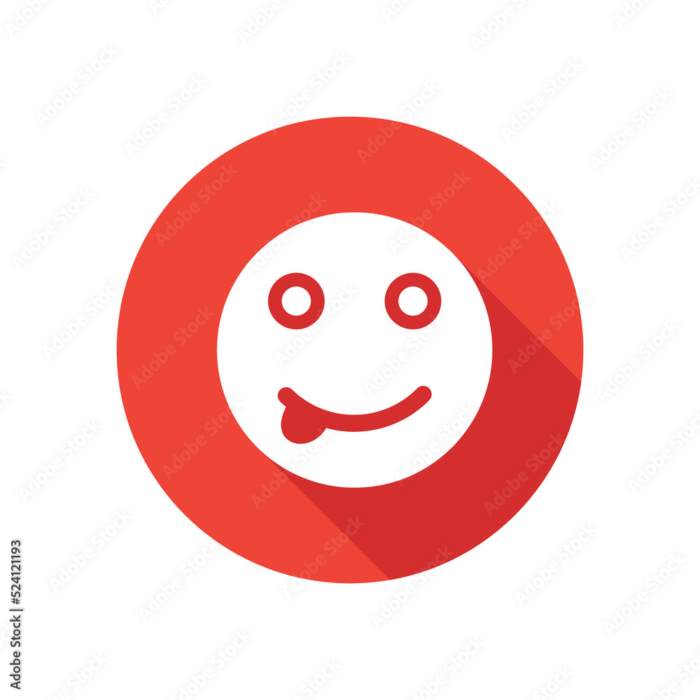 Tongue out face emoji flat icon, round button in long shadow style.