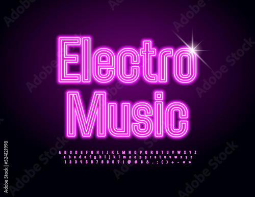 Vector glowing sign Electro Music. Violet illuminated Font. Set of Neon Alphabet Letters and Numbers