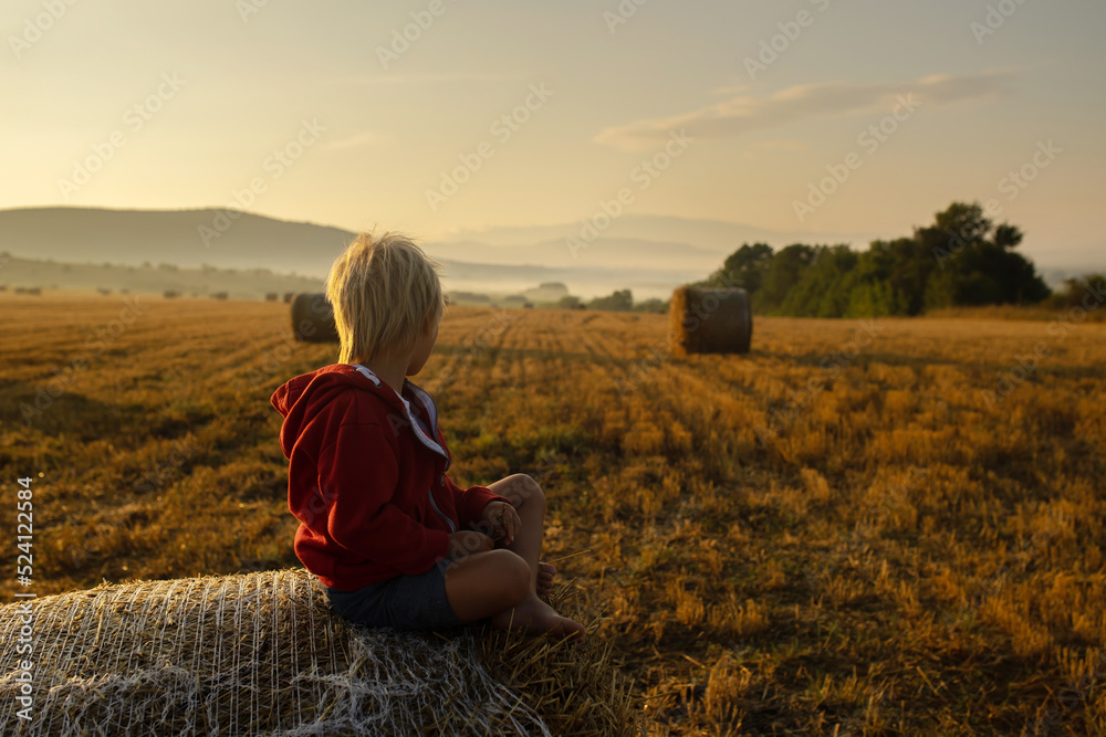 Sweet toddler child, boy, sitting on a haystack in field on sunrise Sweet toddler child, boy, sitting on a haystack in field on sunrise