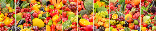 Wide background of fresh bright vegetables and fruits