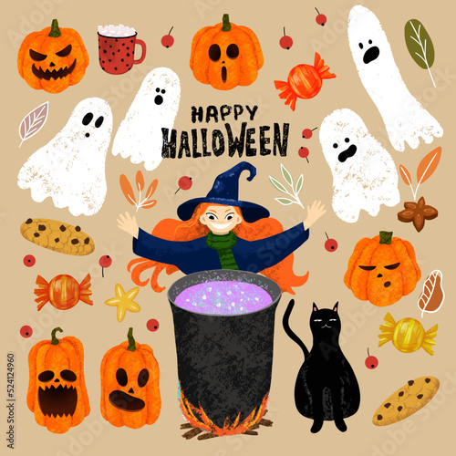 Set of Halloween objects. Happy Halloween lettering, witch cooking the potion in the cauldron, pumpkin, ghost, cookie, candy, mug of cocoa, black cat, autumn leaves