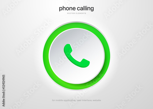 3D push phone button icon, incoming call, calling, mobile, voice talk, contact symbol. Accept call. Social media sign for website, mobile app, UI, UX, GUI.