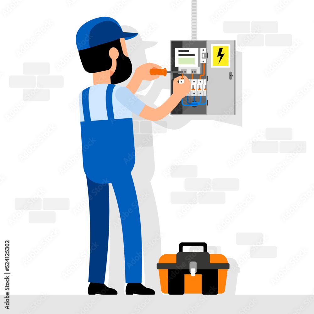 Electrician makes the connection in the electrical panel. Electrician at work. Vector illustration. Electrician makes the connection in the electrical panel. Electrician at work. Vector illustration.
